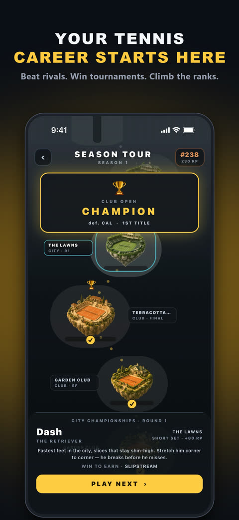 Your tennis career starts here — the Season Tour map after winning the Club Open