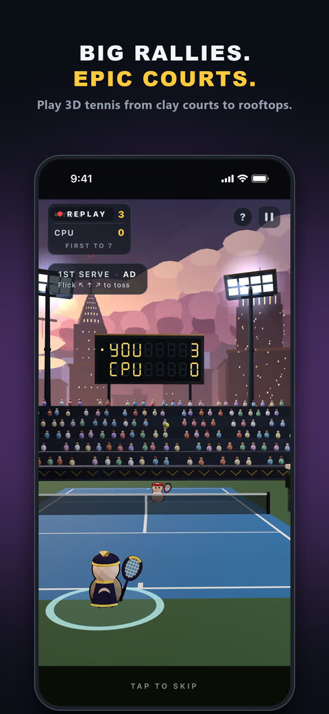 Big rallies, epic courts — a floodlit rooftop court beneath a city skyline