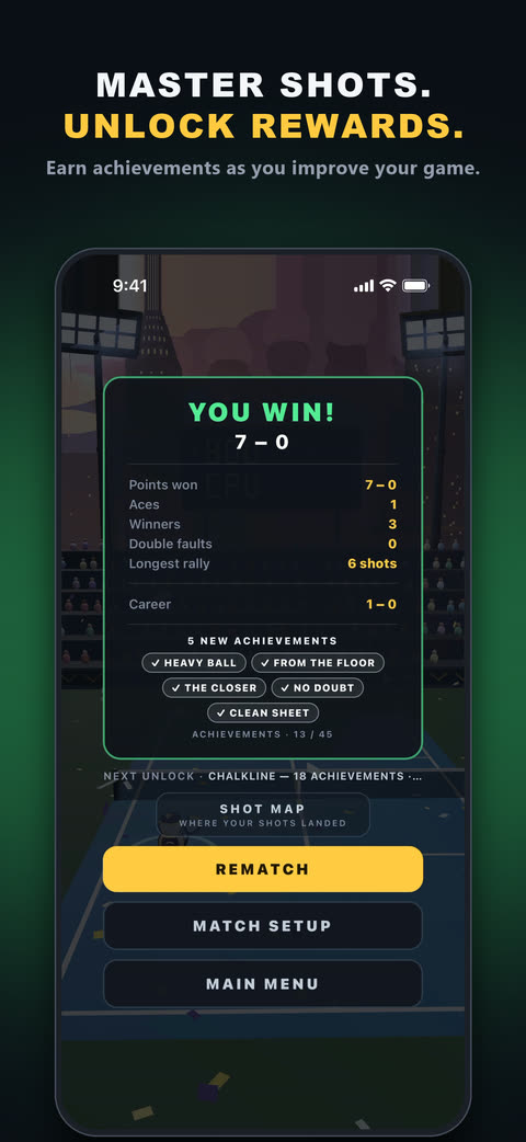 Master shots, unlock rewards — a match results card with five new achievements