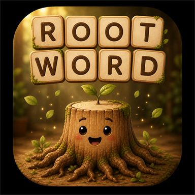 Root Word app icon — Rooty the tree stump under wooden letter tiles