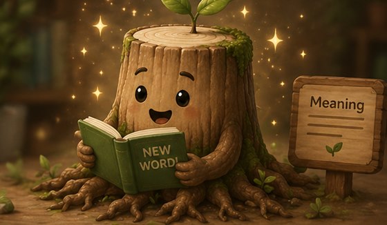 Rooty reading a book of new words surrounded by sparkles