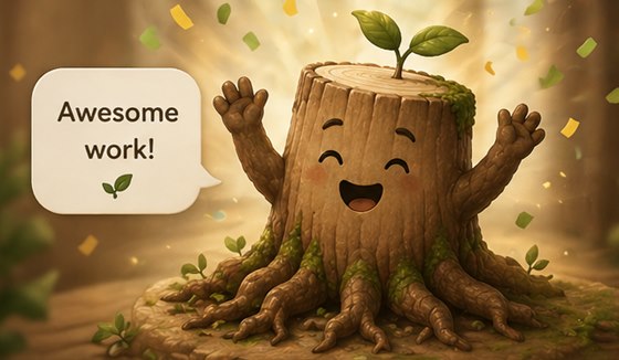 Rooty cheering with arms raised after a completed level