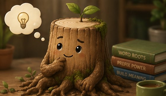 Rooty thinking hard beside a stack of word books
