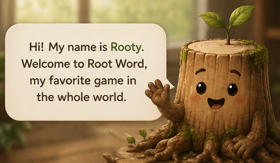 Rooty the tree stump waving hello with a welcome message