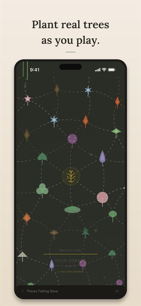 Root Word forest screen showing a constellation of grown plants and a real tree ready to plant