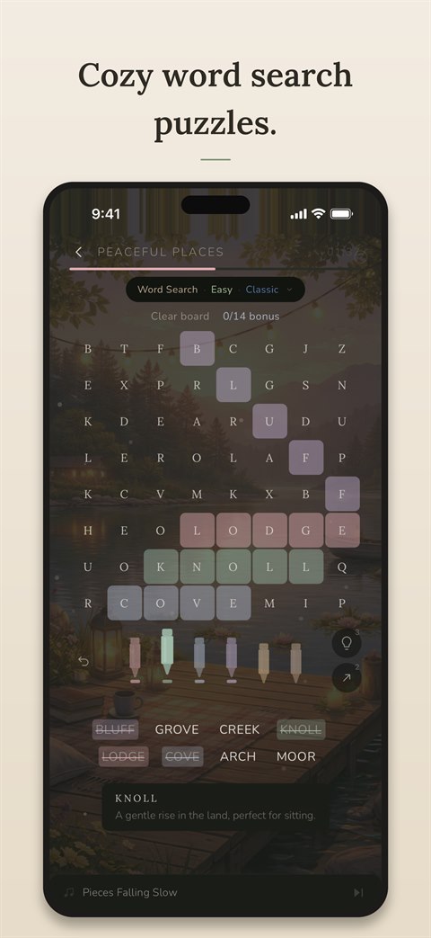 Cozy word search puzzle in a forest lodge setting