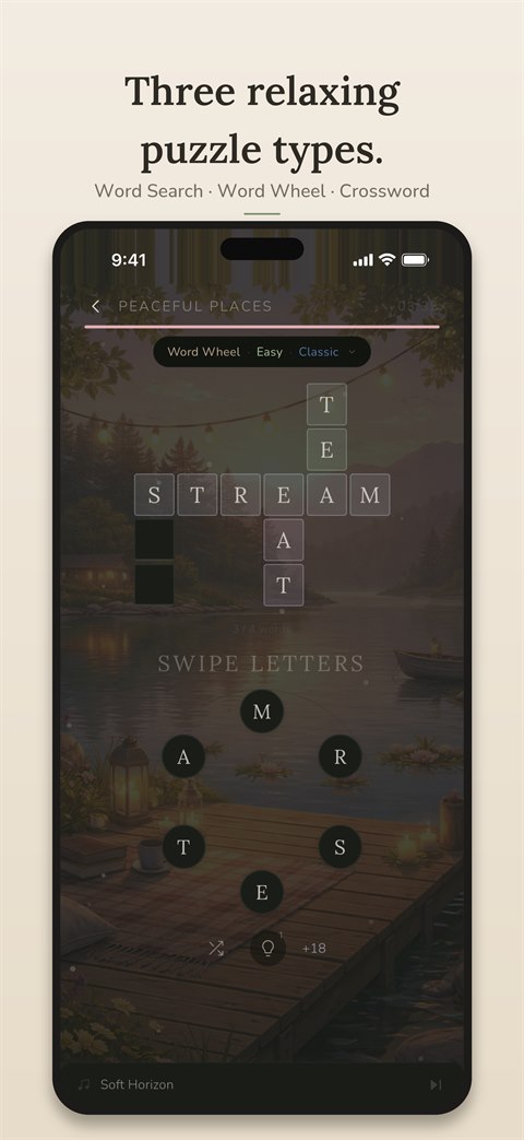 Word wheel puzzle by a peaceful lakeside dock