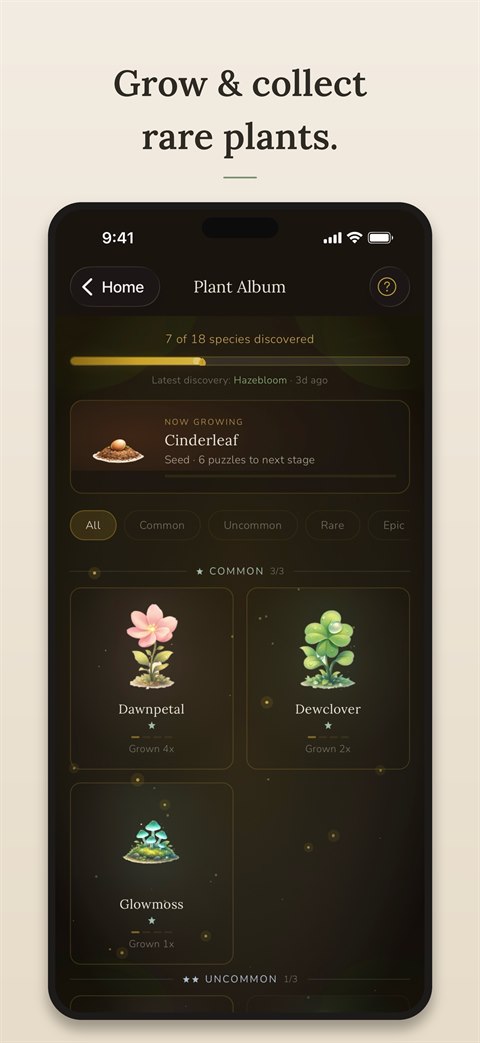 Plant Album showing discovered species and rarity tiers